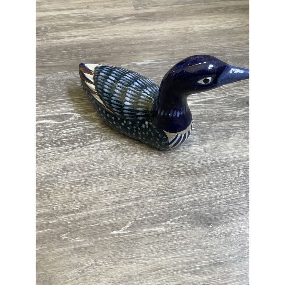 Vintage Mexican Art Pottery TONALA With Brass Duck 9” x 5” Hand Painted - Picture 5 of 9